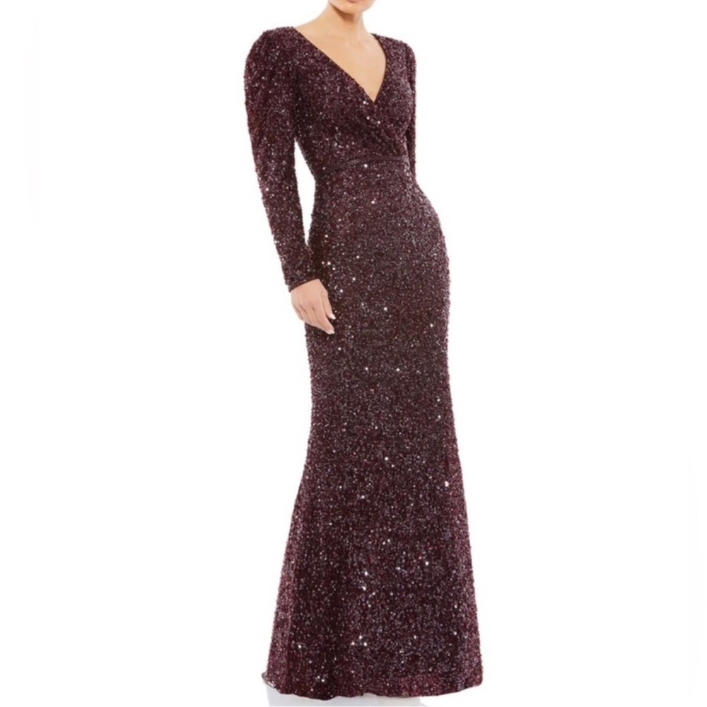 Mac Duggal Mahogany Puff Shoulder Long Sleeve Embellished Sequined Surplice Gown
